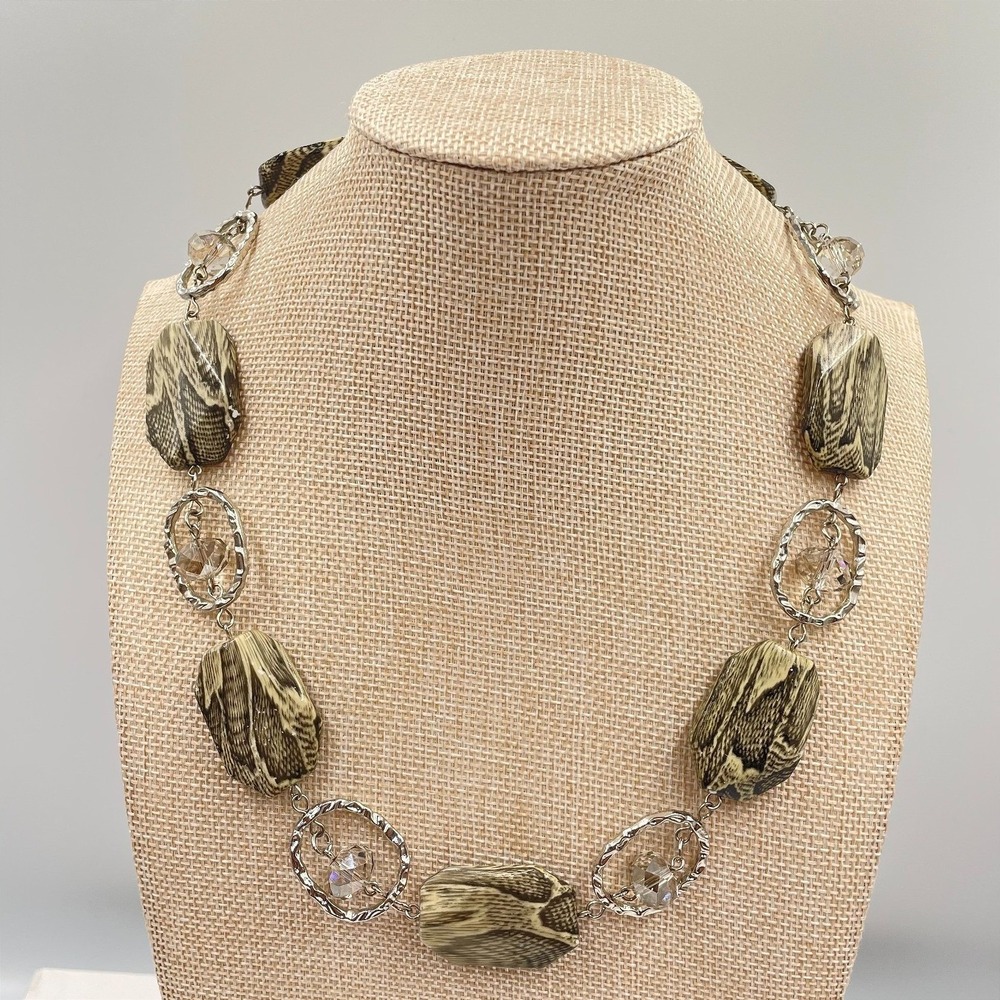VTG‎ Silver Tone Snakeskin Print Resin Statement Necklace Chunky Crystal Beaded